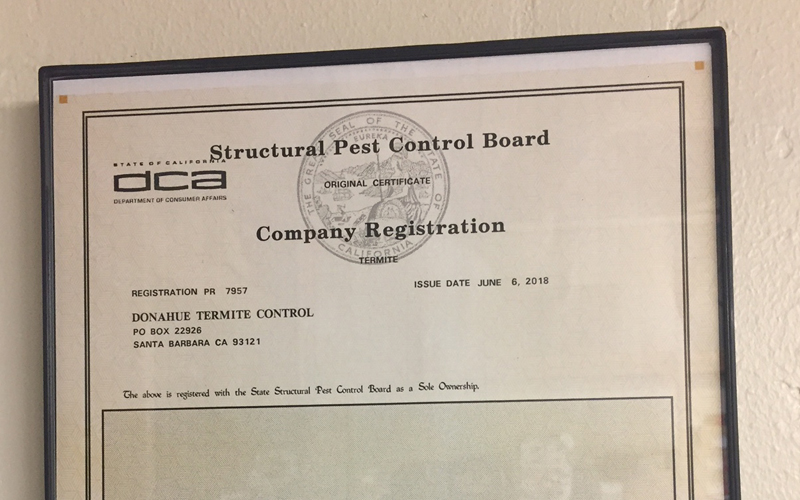 Termite License from State of California